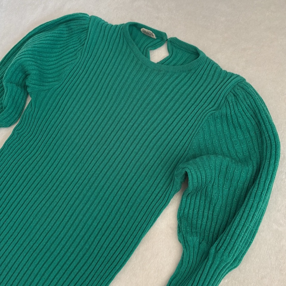 {VTG} Georgie Porgie | 70s/80s Rib Sweater Puff Sleeves Kelly Green (M) - Picture 3 of 16